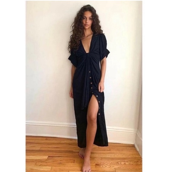 Free People Vintage Summer Plunge Neckline Tie Black Button Front Maxi Dress - Picture 1 of 13